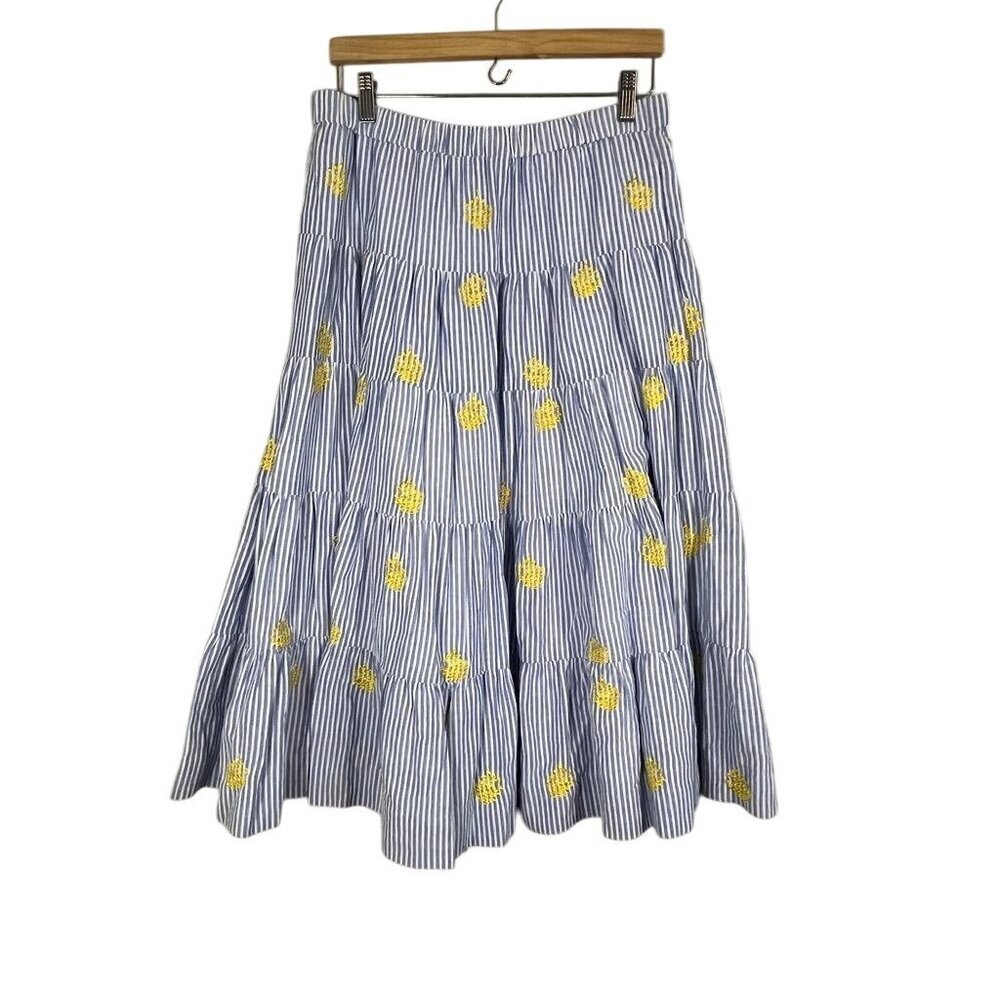 J Crew Striped Pineapple Maxi Skirt M Blue Tiered Preppy Coastal Nautical Chic